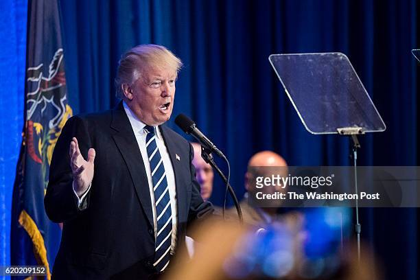 Republican presidential candidate Donald Trump speaks during a campaign event at the DoubleTree by Hilton Philadelphia Valley Forge in King of...