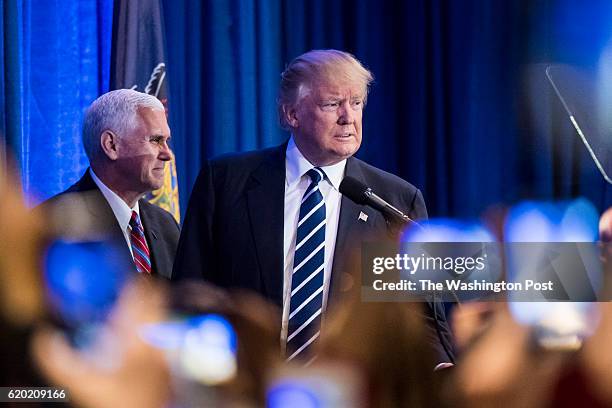 Republican presidential candidate Donald Trump and Republican vice presidential candidate, Indiana Gov. Mike Pence speak during a campaign event at...