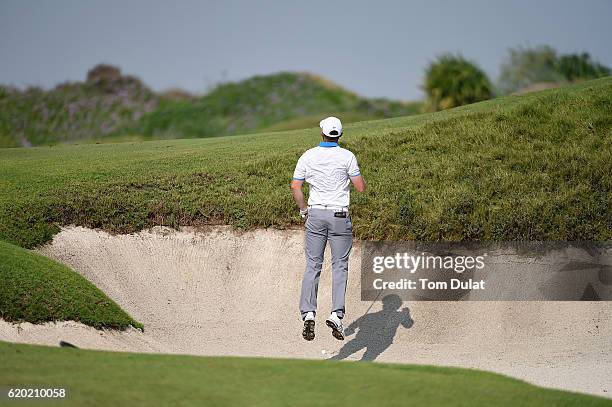 Garrick Porteous of England checks his line during day one of the NBO Golf Classic Grand Final at Al Mouj Golf on November 2, 2016 in Muscat, Oman.