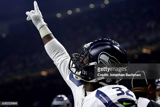 Christine Michael of the Seattle Seahawks celebrates a touchdown during a game against the New Orleans Saints at the Mercedes-Benz Superdome on...