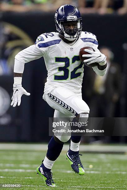 Christine Michael of the Seattle Seahawks runs with the ball during a game against the New Orleans Saints at the Mercedes-Benz Superdome on October...