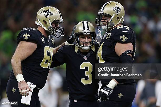 Wil Lutz of the New Orleans Saints celebrates during a game against the Seattle Seahawks at the Mercedes-Benz Superdome on October 30, 2016 in New...