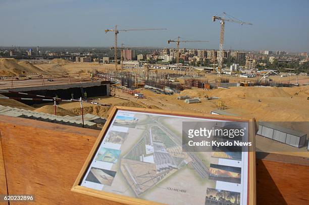 Egypt - Photo shows the construction site of the Grand Egyptian Museum near the Great Pyramid of Giza on April 3, 2013. A plan of the museum is seen...