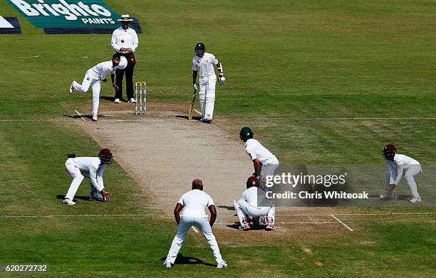 Devendra Bishoo of West Indies bowls on day four of the third test between Pakistan and West Indies at at Sharjah Cricket Stadium on November 2, 2016...