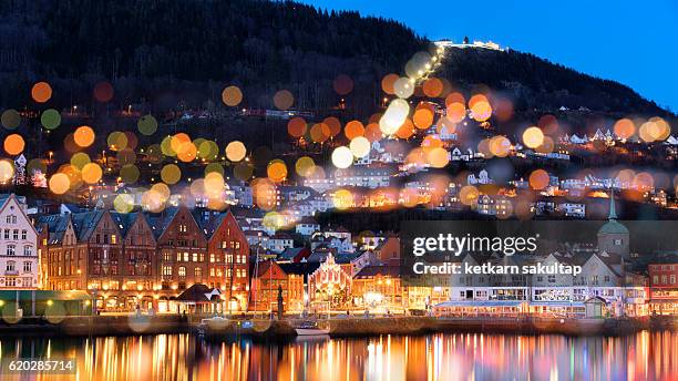 bergen old town at dawn, norway. - bergen bildbanksfoton och bilder