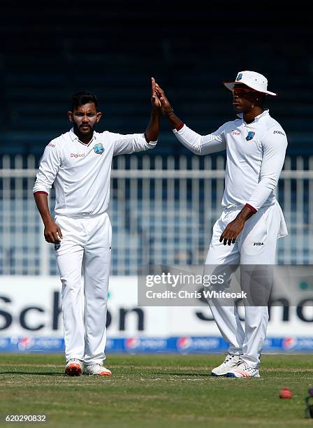 Devendra Bishoo of West Indies celebrates taking the wicket of Azhar Ali of Pakistan on day four of the third test between Pakistan and West Indies...