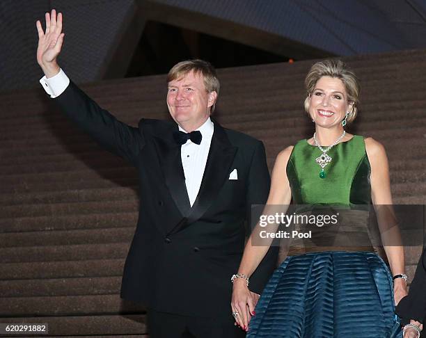 King Willem-Alexander and Queen Maxima pose for a photograph as they arrive to a concert at the Opera House on November 02, 2016 in Sydney,...