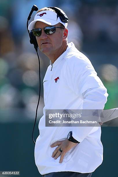 Head coach Chad Morris of the Southern Methodist Mustangs reacts during a game against the Tulane Green Wave at Yulman Stadium on October 29, 2016 in...