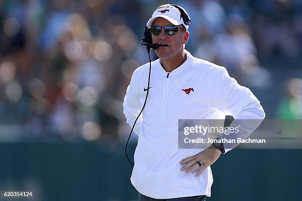 Head coach Chad Morris of the Southern Methodist Mustangs reacts during a game against the Tulane Green Wave at Yulman Stadium on October 29, 2016 in...