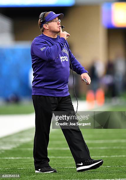 Head coach Gary Patterson of the TCU Horned Frogs looks on during the game against the West Virginia Mountaineers at Mountaineer Field on October 22,...