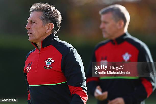 Claude Puel the manager of Southampton looks on during the Southampton training session at Staplewood Training Ground on November 2, 2016 in...