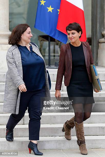 Emmanuelle Cosse, French Housing Ministers and Najat Vallaud-Belkacem, French Minister of National Education, Higher Education and Research leave the...