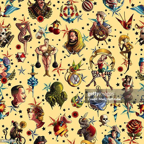 illustrations, cliparts, dessins animés et icônes de texture de tatouage transparente - marin tatoué