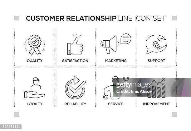 keywords für die kundenbeziehung mit monochromen liniensymbolen - kundenbeziehungsmanagement stock-grafiken, -clipart, -cartoons und -symbole