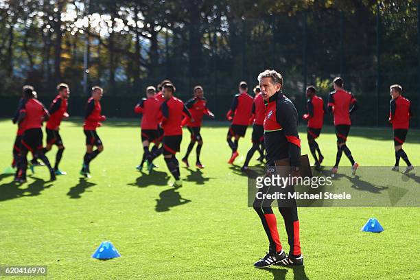Claude Puel the manager of Southampton looks on during the Southampton training session at Staplewood Training Ground on November 2, 2016 in...