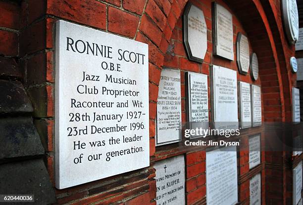 Memorial tablet to saxophonist and jazz club owner Ronnie Scott at Golders Green Crematorium, on December 10, 2012 in London, England. Dead Famous...