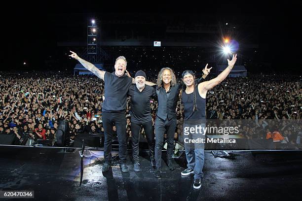 James Hetfield, Lars Ulrich, Kirk Hammett, and Robert Trujillo of Metallica perform at Hipodromo de Los Andes on November 1, 2016 in Bogota, Colombia.