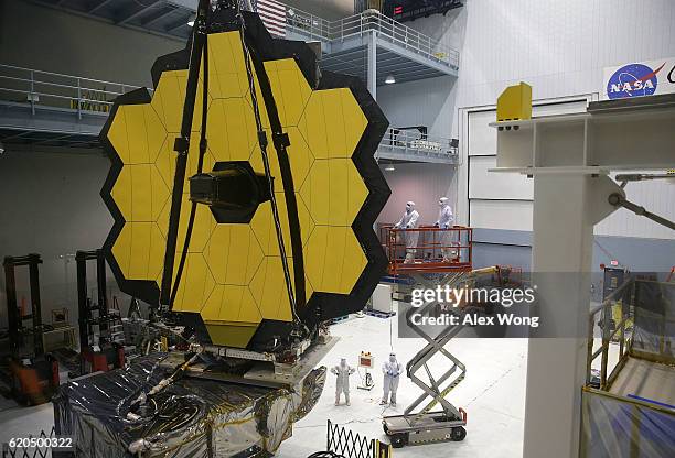 Engineers and technicians assemble the James Webb Space Telescope November 2, 2016 at NASA's Goddard Space Flight Center in Greenbelt, Maryland. The...