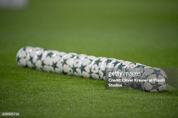 The playballs lined up on the field prior to the UEFA Champions League group C match between VfL Borussia Moenchengladbach and Celtic FC Glasgow 1888...