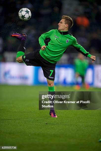 Midfielder Patrick Herrmann of Borussia Moenchengladbach warming up prior to the UEFA Champions League group C match between VfL Borussia...