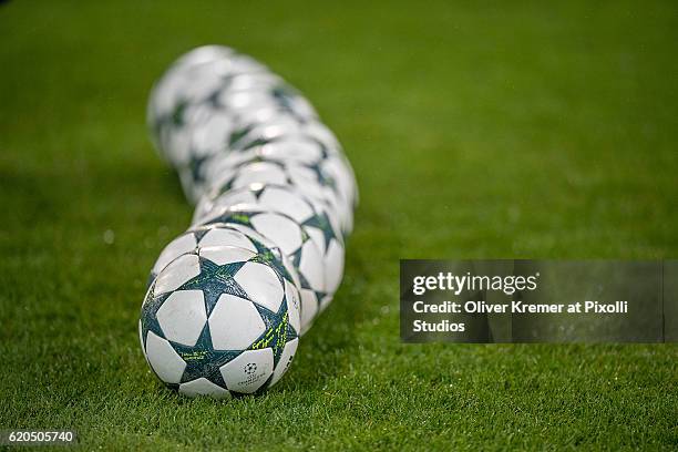 Playballs lined up on the field prior to the UEFA Champions League group C match between VfL Borussia Moenchengladbach and Celtic FC Glasgow 1888 at...