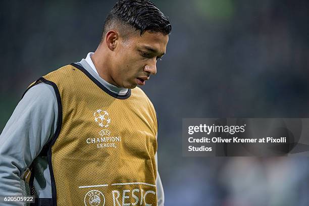 Defender Emilio Izaguirre of Celtic FC Glasgow 1888 warming up prior to the UEFA Champions League group C match between VfL Borussia Moenchengladbach...