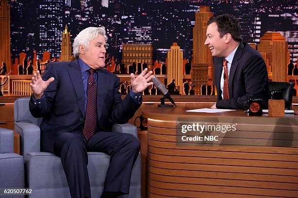 Episode 0561 -- Pictured: Comedian Jay Leno during an interview with host Jimmy Fallon on October 31, 2016 --