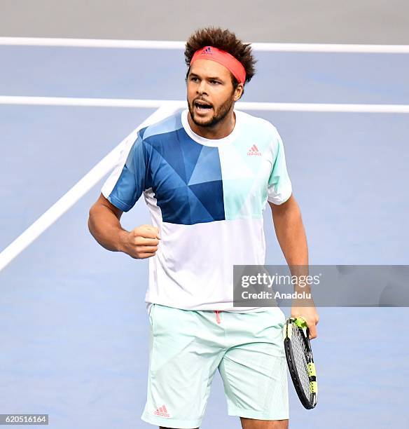 Jo Wilfried Tsonga of France reacts during the Men's second round match against Albert Ramos Vinolas of Spain on day three of the BNP Paribas Masters...