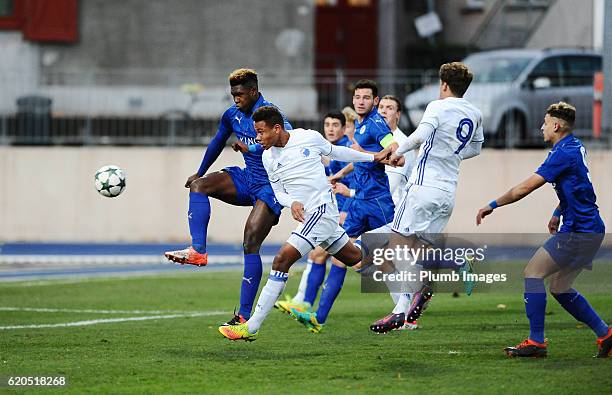 Darnell Johnson of Leicester City tries to block a header during the UEFA Youth Champions League match between FC Copenhagen and Leicester City at...