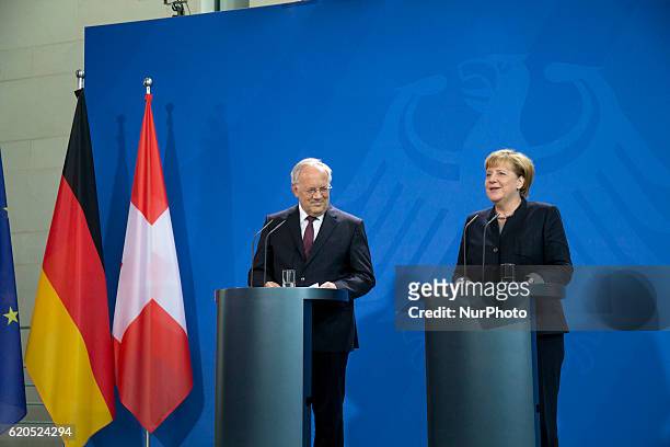 German Chancellor Angela Merkel and Federal Swiss President Johann Schneider-Ammann are pictured duirng a news conference at the Chancellery in...