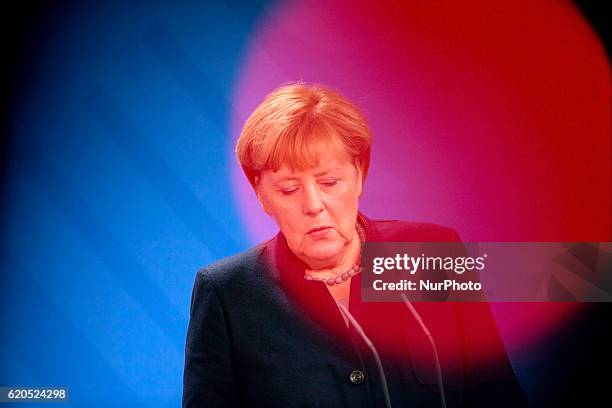 German Chancellor Angela Merkel is pictured during a news conference held with Federal Swiss President Johann Schneider-Ammann at the Chancellery in...