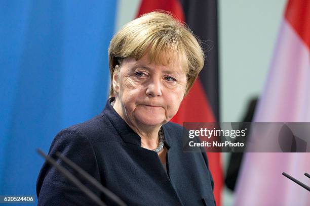 German Chancellor Angela Merkel is pictured during a news conference held with Federal Swiss President Johann Schneider-Ammann at the Chancellery in...