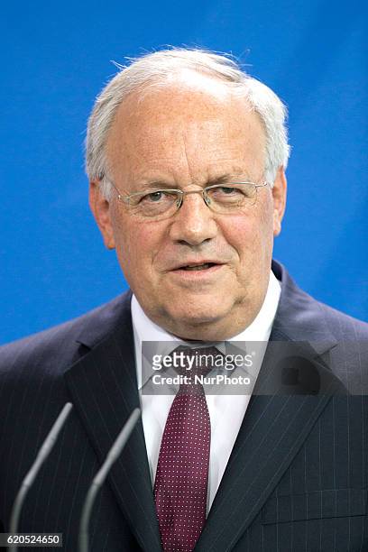 Federal Swiss President Johann Schneider-Ammann is pictured during a news conference held with German Chancellor Angela Merkel at the Chancellery in...