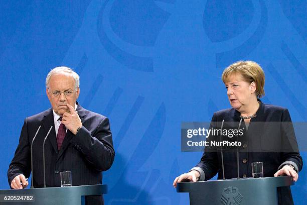 German Chancellor Angela Merkel and Federal Swiss President Johann Schneider-Ammann are pictured during a news conference at the Chancellery in...