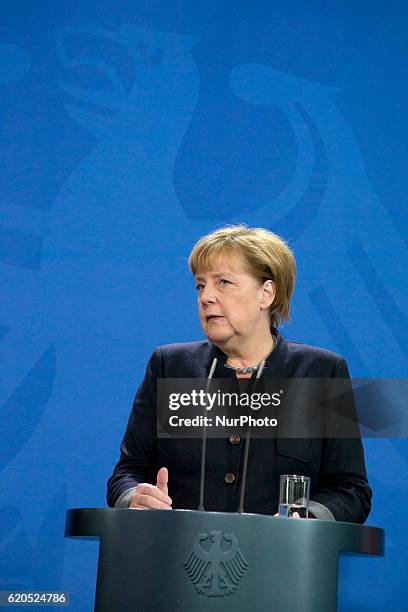 German Chancellor Angela Merkel is pictured during a news conference held with Federal Swiss President Johann Schneider-Ammann at the Chancellery in...