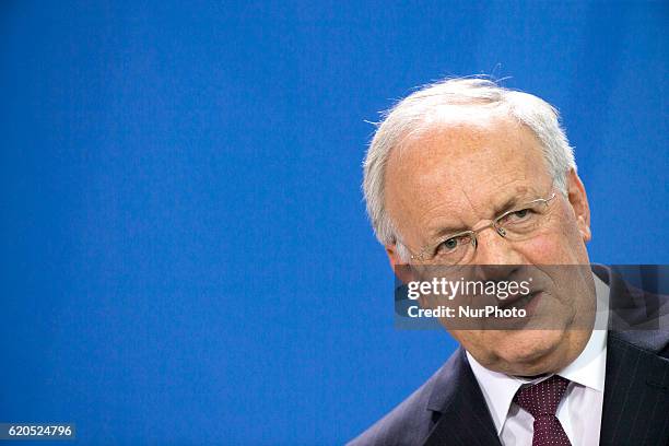 Federal Swiss President Johann Schneider-Ammann is pictured during a news conference held with German Chancellor Angela Merkel at the Chancellery in...