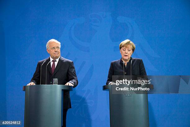 German Chancellor Angela Merkel and Federal Swiss President Johann Schneider-Ammann are pictured during a news conference at the Chancellery in...