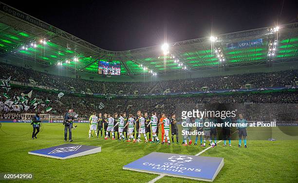 The teams shaking hands prior to the UEFA Champions League group C match between VfL Borussia Moenchengladbach and Celtic FC Glasgow 1888 at the...
