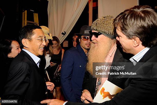 Silas Chou, Billy Gibbons and Andy Hilfiger attend TOMMY HILFIGER Spring 2009 Fashion Show at New York State Theater on September 11, 2008 in New...