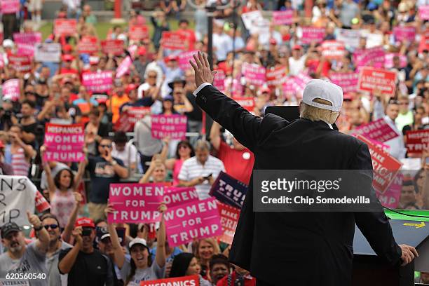 Republican presidential nominee Donald Trump holds a campaign rally at Bayfront Park Amphitheater November 2, 2016 in Miami, Florida. With less than...