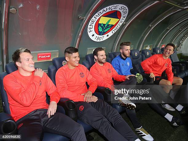 Phil Jones, Marcos Rojo, Juan Mata, David de Gea and Ander Herrera of Manchester United in action during a first team training session at Sukru...