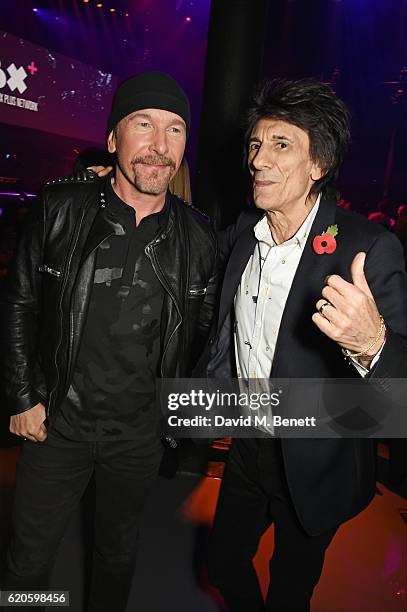 The Edge and Ronnie Wood attend a drinks reception at The Stubhub Q Awards 2016 at The Roundhouse on November 2, 2016 in London, England.