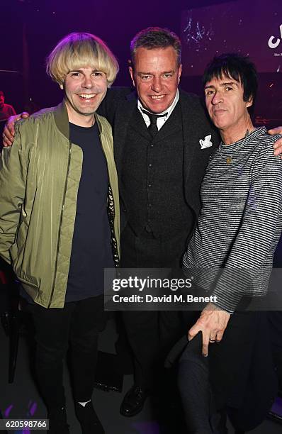 Tim Burgess, Suggs and Johnny Marr attend a drinks reception at The Stubhub Q Awards 2016 at The Roundhouse on November 2, 2016 in London, England.