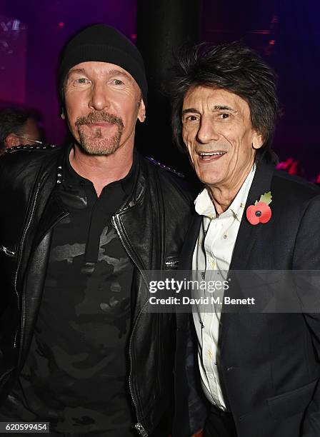 The Edge and Ronnie Wood attend a drinks reception at The Stubhub Q Awards 2016 at The Roundhouse on November 2, 2016 in London, England.