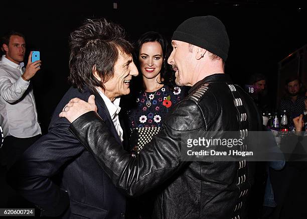 Ronnie Wood, Sally Wood and The Edge attend The Stubhub Q Awards 2016 at The Roundhouse on November 2, 2016 in London, England.