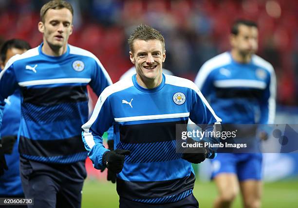 Jamie Vardy of Leicester City warms up at Telia Parken Stadium ahead of the UEFA Champions League match between FC Copenhagen and Leicester City at...