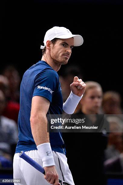 Andy Murray of Great Britain reacts during the Men's second round match against Frenando Verdacso of Spain on day three of the BNP Paribas Masters at...