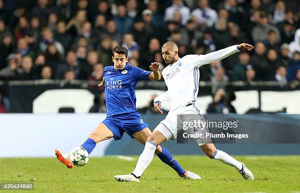 Luis Hernandez of Leicester City in action with Youssef Toutouh of FC Copenhagen during the UEFA Champions League match between FC Copenhagen and...