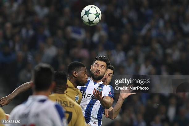 Porto's Brazilian defender Felipe jumps during UEFA Champions League Group G, match between FC Porto and Club Brugge, at Dragao Stadium in Porto on...