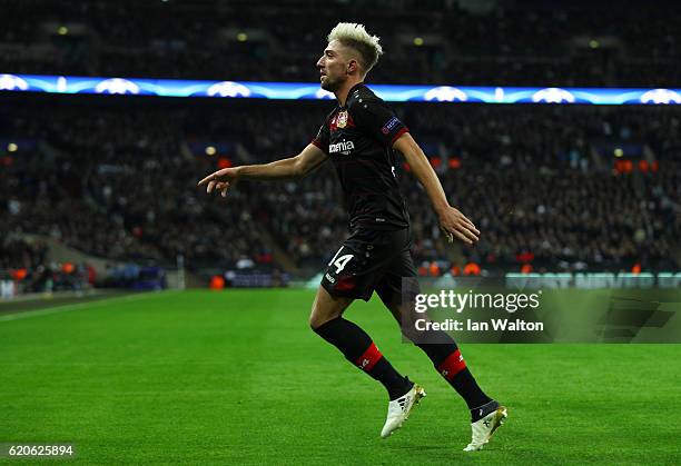 Kevin Kampl of Bayer Leverkusen celebrates scoring his sides first goal during the UEFA Champions League Group E match between Tottenham Hotspur FC...
